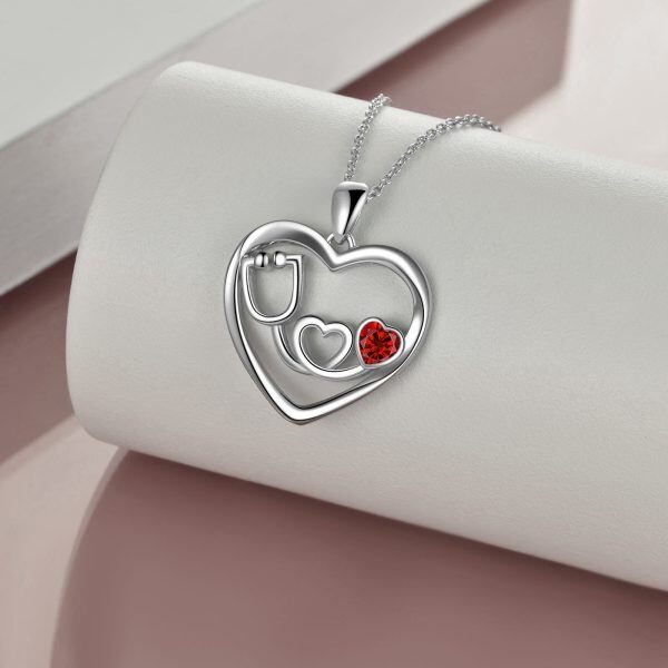 Sterling Silver Stethoscope Nurse Red Heart Pendant Necklace-2