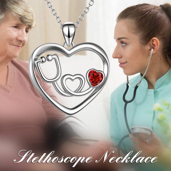 Sterling Silver Stethoscope Nurse Red Heart Pendant Necklace-4