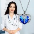wholesale 925 Sterling Silver Blue Heart Shape Austrian Crystal Caduceus LPN Pendant Necklace for Nurses Gifts-0-2