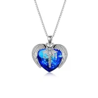 wholesale 925 Sterling Silver Blue Heart Shape Austrian Crystal Caduceus LPN Pendant Necklace for Nurses Gifts- Rhodium Plated