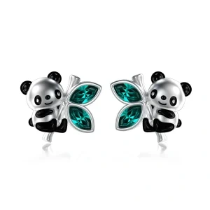 Sterling Silver Panda Bear And Bamboo Stud Earrings With Crystal-0