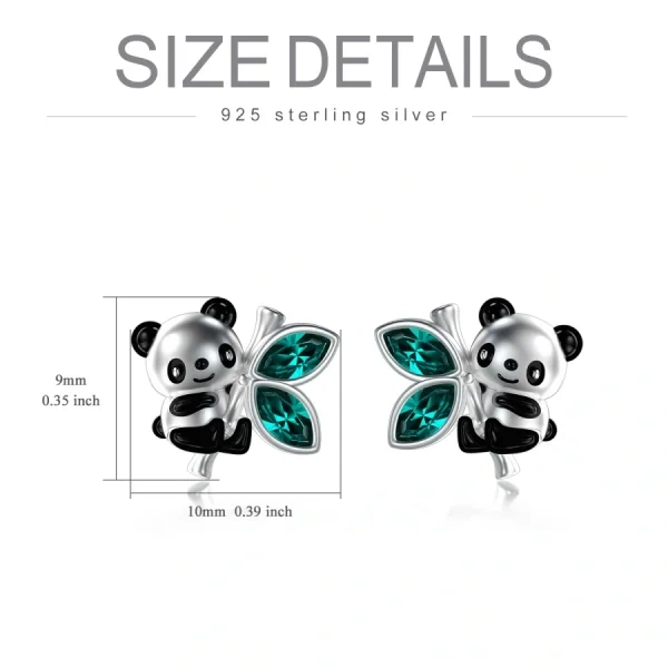 Sterling Silver Panda Bear And Bamboo Stud Earrings With Crystal-1