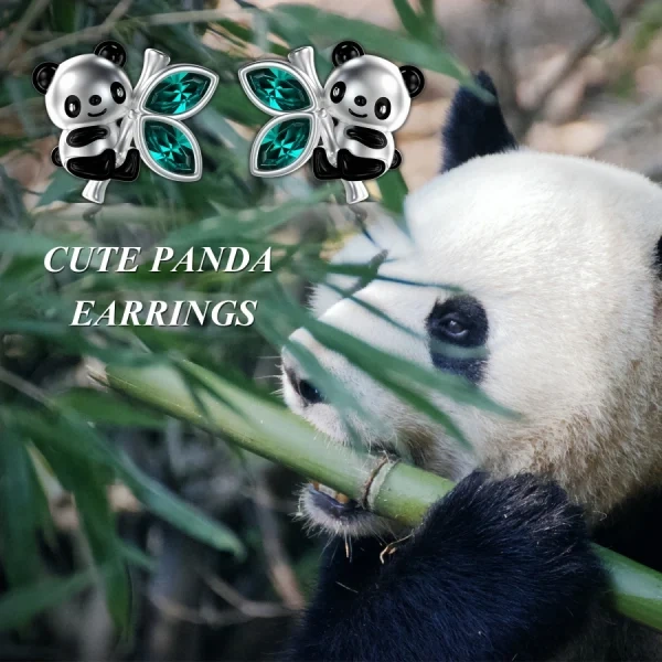 Sterling Silver Panda Bear And Bamboo Stud Earrings With Crystal-2