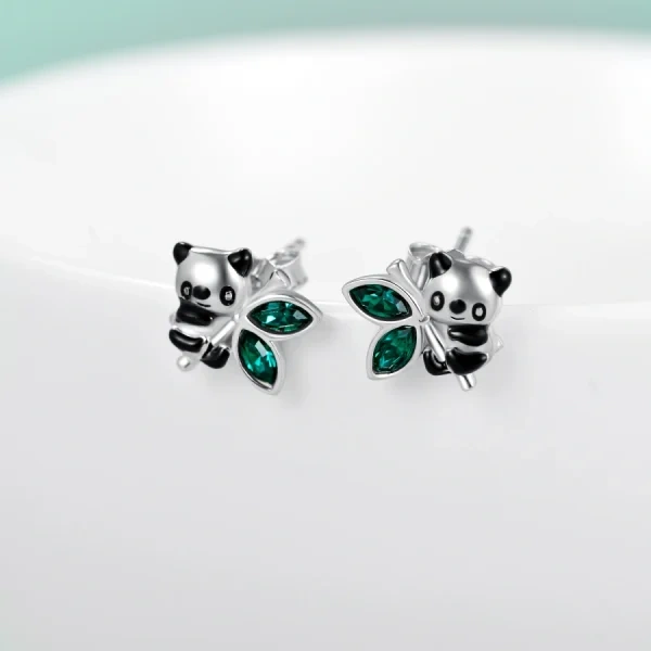 Sterling Silver Panda Bear And Bamboo Stud Earrings With Crystal-4