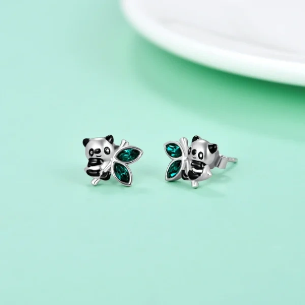 Sterling Silver Panda Bear And Bamboo Stud Earrings With Crystal-5