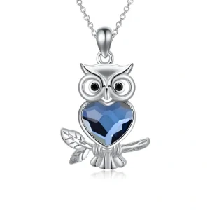 Sterling Silver Wisdom Owl Pendant Necklace With Heart Crystal-0