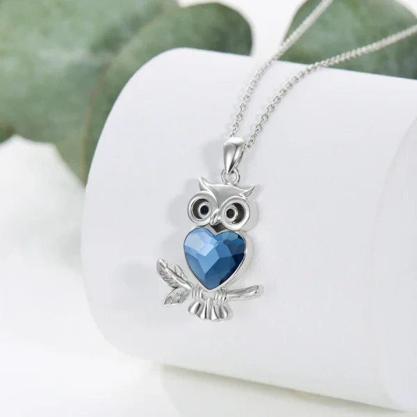 Sterling Silver Wisdom Owl Pendant Necklace With Heart Crystal-4