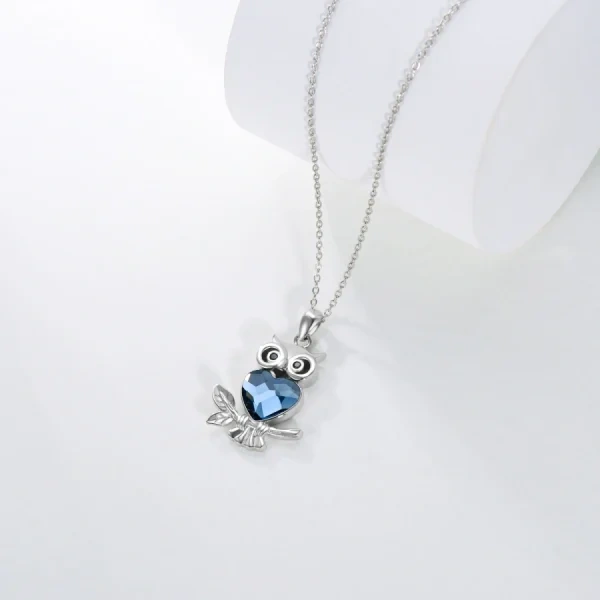 Sterling Silver Wisdom Owl Pendant Necklace With Heart Crystal-5