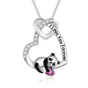 Sterling Silver "I Love You Forever " Panda Heart Pendant Necklace With Purple Crystal-0