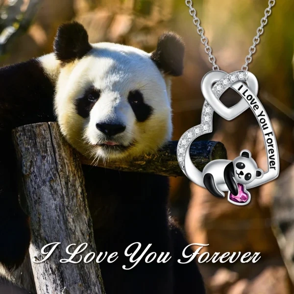 Sterling Silver "I Love You Forever " Panda Heart Pendant Necklace With Purple Crystal-2