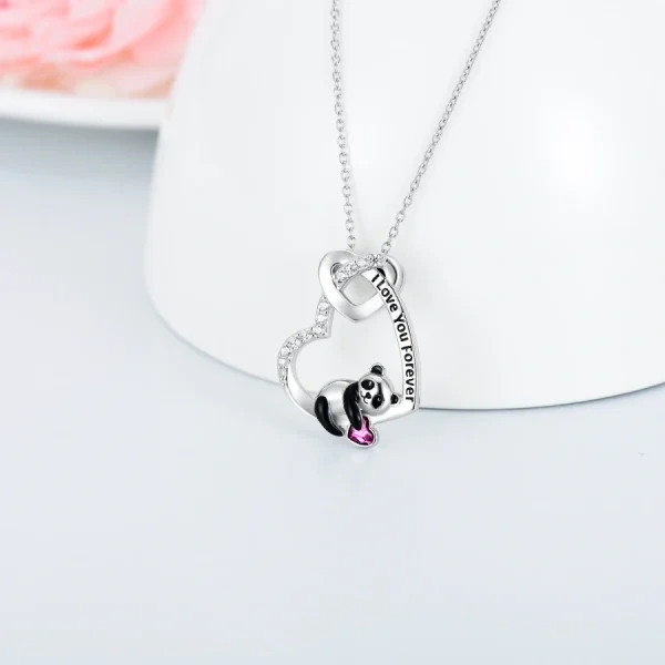 Sterling Silver "I Love You Forever " Panda Heart Pendant Necklace With Purple Crystal-4