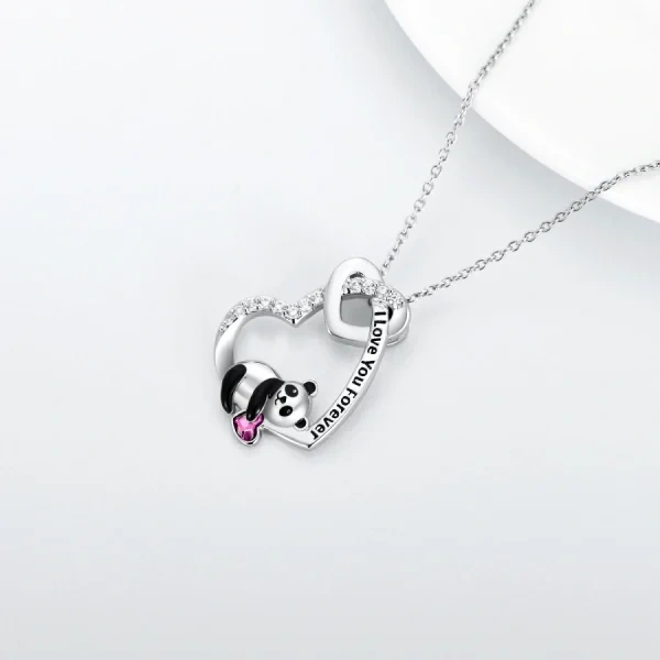 Sterling Silver "I Love You Forever " Panda Heart Pendant Necklace With Purple Crystal-5