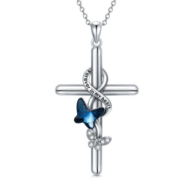 Sterling Silver Crystal Butterfly Cross Pendant Necklace-0