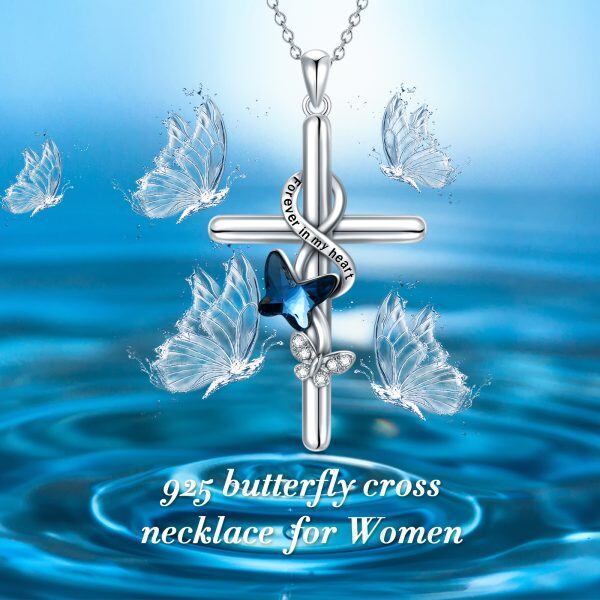 Sterling Silver Crystal Butterfly Cross Pendant Necklace-2