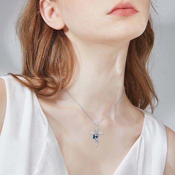 Sterling Silver Crystal Butterfly Cross Pendant Necklace-3