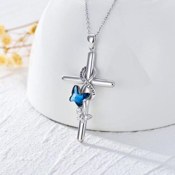 Sterling Silver Crystal Butterfly Cross Pendant Necklace-4