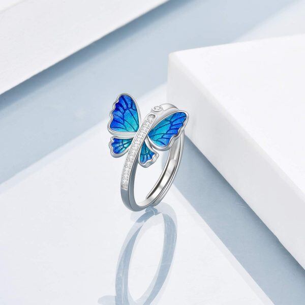 Sterling Silver Shining Cubic Zirconia Butterfly Unique Ring-5