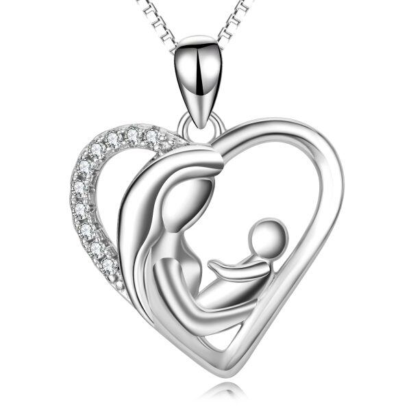 Sterling Silver Mother And Baby Love Heart Pendant Necklace-0