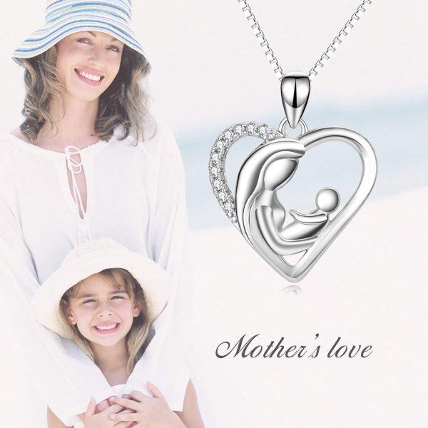 Sterling Silver Mother And Baby Love Heart Pendant Necklace-2