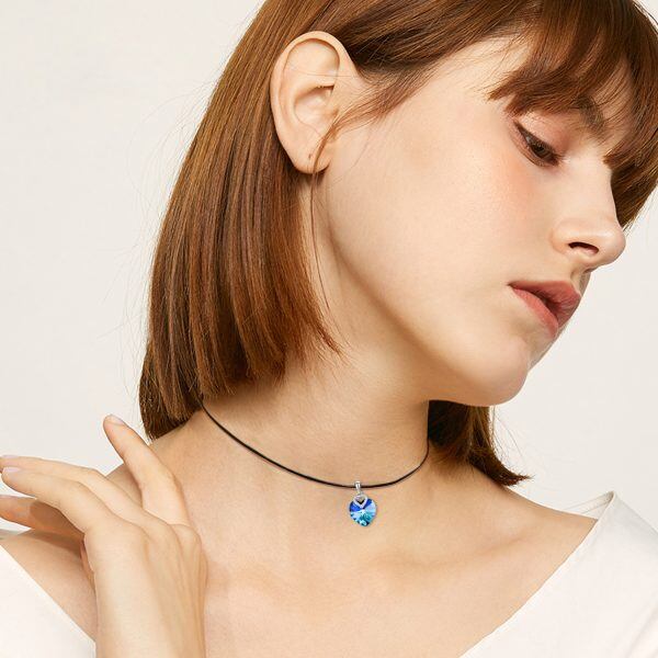 Sterling Silver Blue Heart Crystal Choker Necklaces With Leather Cord-3