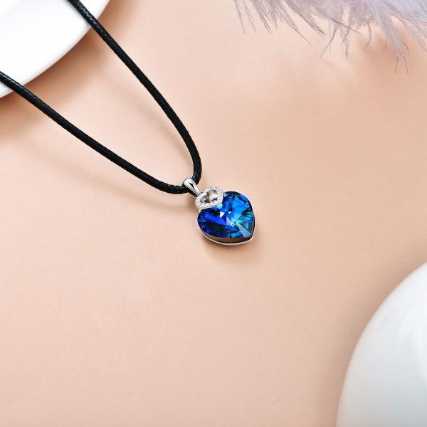 Sterling Silver Blue Heart Crystal Choker Necklaces With Leather Cord-5