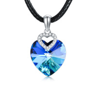 wholesale 925 Sterling Silver Heart Blue Crystal Pendant Black Leather Cord Necklaces for Women s- Rhodium Plated