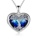 wholesale 925 Sterling Silver Heart-Shaped Blue Austrian Crystal Tree of Life Locket Necklace-0-0