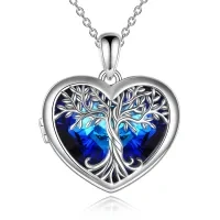 wholesale 925 Sterling Silver Heart-Shaped Blue Austrian Crystal Tree of Life Locket Necklace- Rhodium Plated