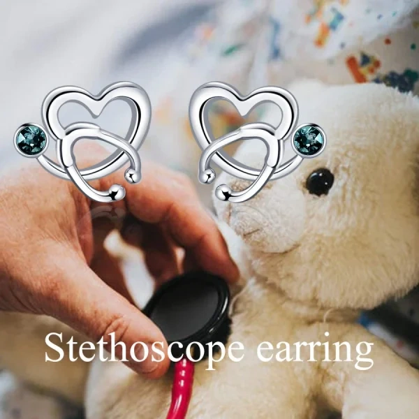 Sterling Silver Nurse Stethoscope Studs Earrings With Crystal-2