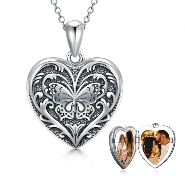 Sterling Silver Heart Shaped Butterfly Locket Necklace That Holds 2 Pictures-0