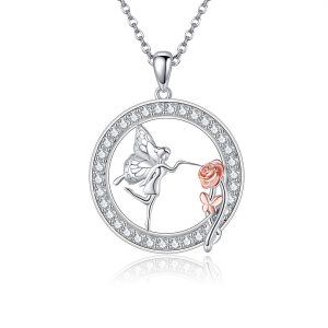 Sterling Silver Rose Flower Fairy Pendant Necklace-0