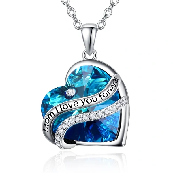 Sterling Silver "Mom I Love You Forever" Blue Crystal Heart Pendant Necklaces-0