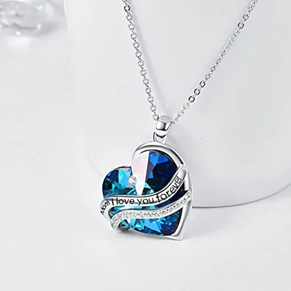 Sterling Silver "Mom I Love You Forever" Blue Crystal Heart Pendant Necklaces-3