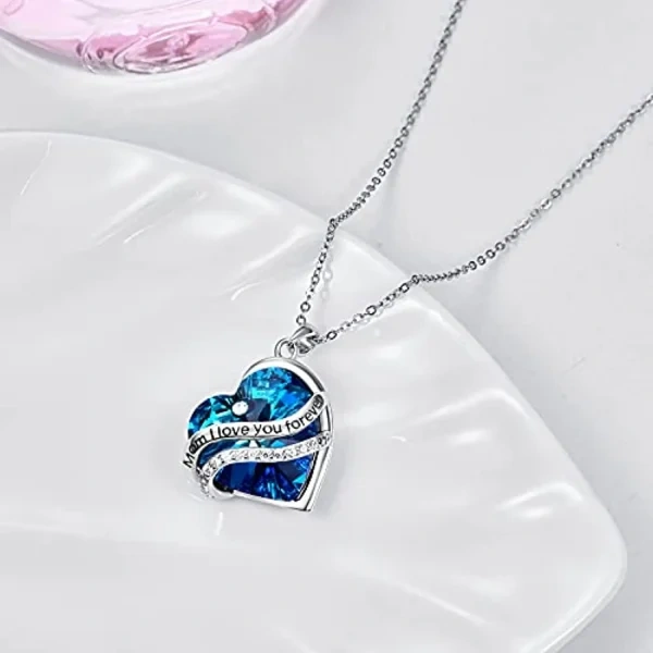 Sterling Silver "Mom I Love You Forever" Blue Crystal Heart Pendant Necklaces-4