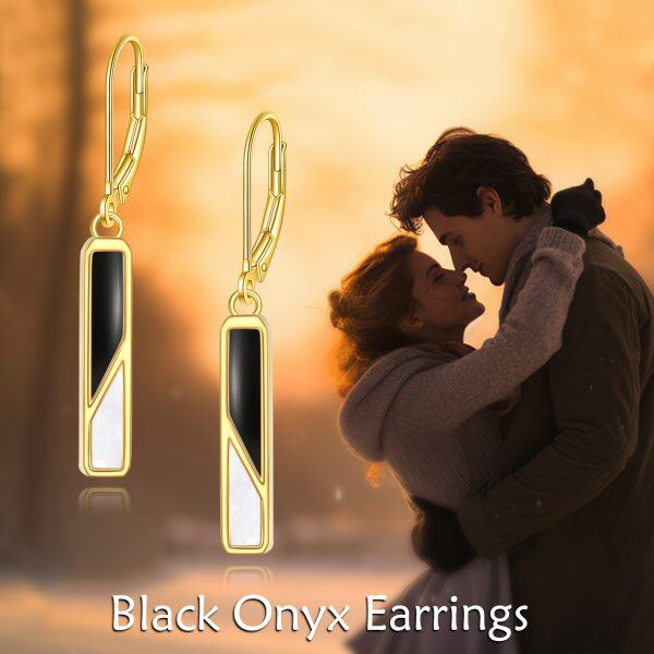 Sterling Silver With Gold Plated Black Onyx &White Shell Drop Earrings -3