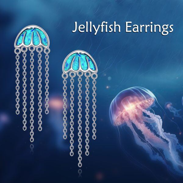 Sterling Silver Opal Jellyfish Dangle Drop Earrings-3