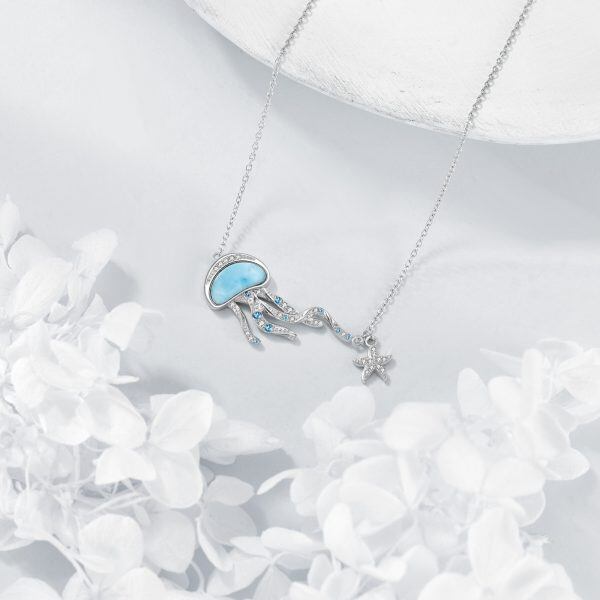 Sterling Silver Larimar Jellyfish Pendant Necklace-5