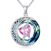 wholesale 925 Sterling Silver Pink Heart & Blue Swirls Moon Star Charm Pendant Necklace for Women- Rhodium Plated