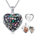 wholesale 925 Sterling Silver Mosaic Abalone Shell Heart Photo Locket Pendant Necklace with Custom Engraving Plate and Chain for Women-0-0