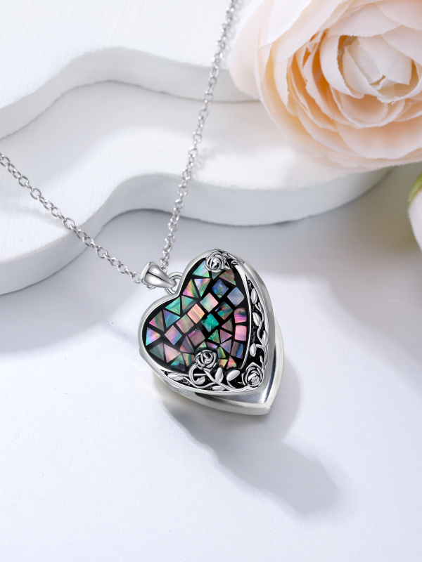 Sterling Silver Abalone Shell Heart Locket Necklace-4