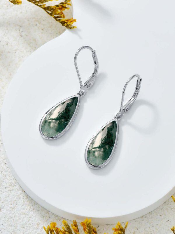 Sterling Silver Moss Agate Drop Earrings-4