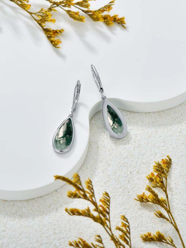 Sterling Silver Moss Agate Drop Earrings-5