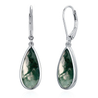 wholesale 925 Sterling Silver Teardrop Green Moss Agate Leverback Earrings- Rhodium Plated