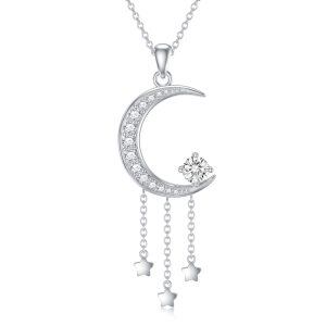 Sterling Silver Moissanite Moon and Star Pendant Necklace-0