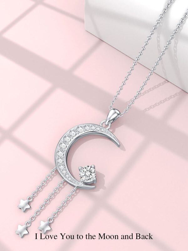 Sterling Silver Moissanite Moon and Star Pendant Necklace-5