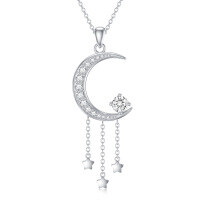 wholesale 925 Sterling Silver Moissanite Crescent & Stars Pendant Necklace for Women - 36 Chain Length- Rhodium Plated