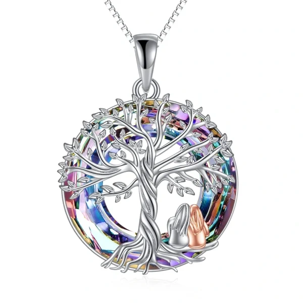 Sterling Silver Tree of Life Sister Pendant Necklace with Circle Crystal-0