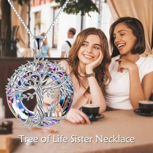 Sterling Silver Tree of Life Sister Pendant Necklace with Circle Crystal-2