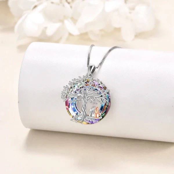 Sterling Silver Tree of Life Sister Pendant Necklace with Circle Crystal-4