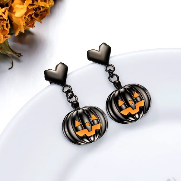 Sterling Silver Halloween Pumpkin Dangle Earrings-5